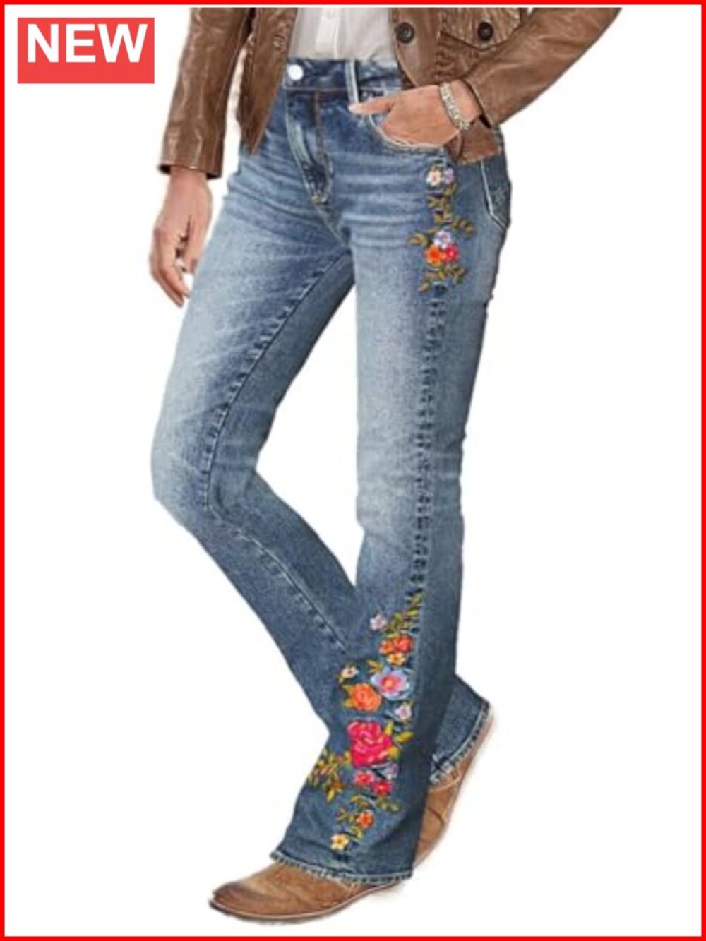Floral Embroidery Mid Waist High Stretch Bootcut Jeans